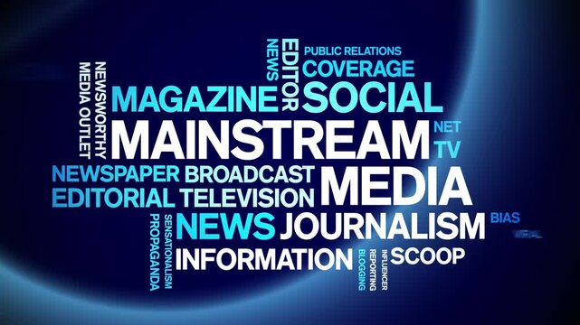 Mainstream Media animated word cloud;text design animation tag kinetic typography seamless loop.