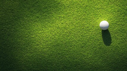 Golf ball rests on vibrant green grass overhead shot representing precision and leisure sports activity on the putting green course