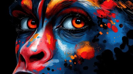 Vibrant artistic close up of face with colorful body paint and striking features