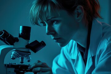 A focused female scientist meticulously examines a specimen through a high-powered microscope in a dimly lit laboratory.