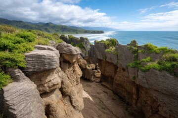 Naklejka premium Layered Pancake Rocks: Coastal Scene of New Zealand