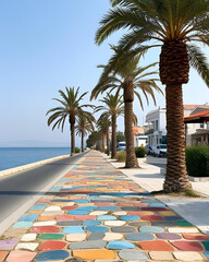 summer landscape, palm tree, palm tree boulevard, tropical road, summer boulevard, vacation destination, exotic villas, luxury villas, palm-lined street, tropical landscape, sunny day, summer travel, 