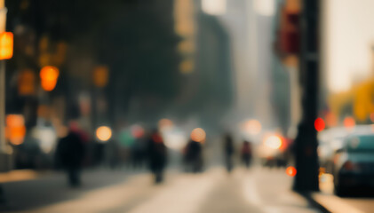 Fototapeta premium Blurred city street scene with pedestrians and vehicles in soft focus.
