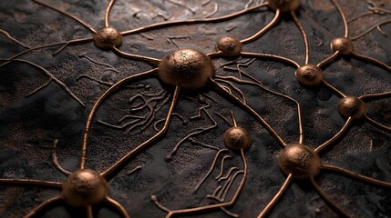 Closeup of Circuit Board with Golden Filaments and Intricate Design