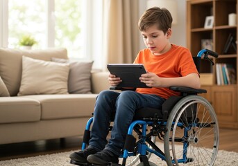 Child in wheelchair using tablet