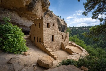 Ancient Cliff Palace:  Stone Ruins in a Serene Landscape