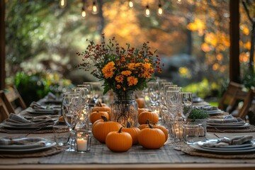 Fototapeta premium Elegant autumn dining setup with pumpkins and flowers in a scenic outdoor location surrounded by nature