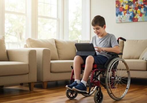Child in wheelchair using tablet