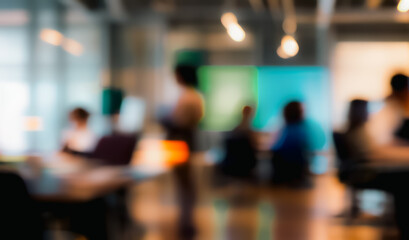 Blurred office scene showing people at tables with colorful background panels.