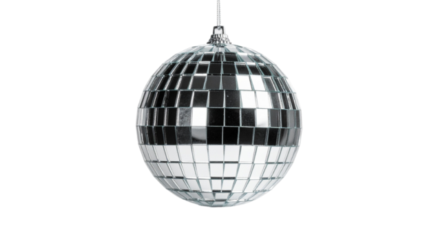 Silver disco ball with shiny mirrored surface on white background