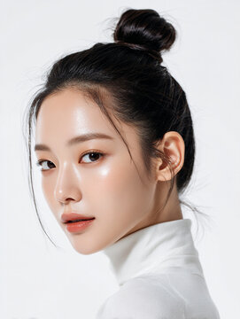 Korean Woman with Mid Bun in White Outfit Beauty Portrait, Minimal Beauty Shoot of Asian Model with Mid Bun in White, 20s Korean Female Beauty Stock Photo, AI Beauty Model in White Clothing