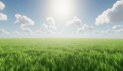 Fototapeta premium Vast, verdant field under a bright, sunny sky filled with fluffy white clouds. A serene and peaceful landscape