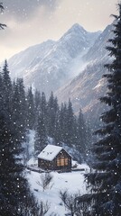 Snowy mountain cabin amidst winter landscape
