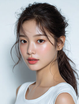Korean Woman with Tied Hair in White Outfit Beauty Portrait, Minimal Beauty Shoot of Asian Model with Tied Hair in White, 20s Korean Female Beauty Stock Photo, AI Beauty Model in White Clothing, Simpl