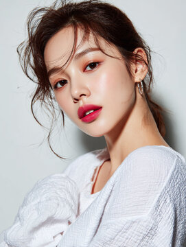 Korean Woman with Tied Hair in White Outfit Beauty Portrait, Minimal Beauty Shoot of Asian Model with Tied Hair in White, 20s Korean Female Beauty Stock Photo, AI Beauty Model in White Clothing, Simpl