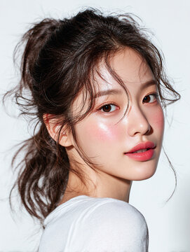 Korean Woman with Tied Hair in White Outfit Beauty Portrait, Minimal Beauty Shoot of Asian Model with Tied Hair in White, 20s Korean Female Beauty Stock Photo, AI Beauty Model in White Clothing, Simpl