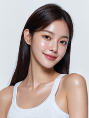 Korean Woman with Long Hair in White Outfit Beauty Portrait, Minimal Beauty Shoot of Asian Model with Long Hair in White, 20s Korean Female Beauty Stock Photo, AI Beauty Model in White Clothing, Simpl