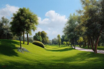 Obraz premium Serene Summer Park: Lush Greens, Sunlight, and Tranquil Trees