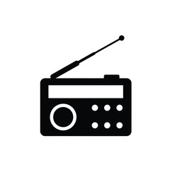 Simple black and white radio icon illustrating communication and broadcasting on white background