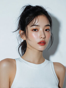 Korean Woman with Tied Hair in White Outfit Beauty Portrait, Minimal Beauty Shoot of Asian Model with Tied Hair in White, 20s Korean Female Beauty Stock Photo, AI Beauty Model in White Clothing, Simpl