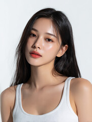 Korean Woman with Long Hair in White Outfit Beauty Portrait, Minimal Beauty Shoot of Asian Model with Long Hair in White, 20s Korean Female Beauty Stock Photo, AI Beauty Model in White Clothing, Simpl
