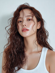 Korean Woman with Wavy Hair in White Outfit Beauty Portrait, Minimal Beauty Shoot of Asian Model with Wavy Hair in White, 20s Korean Female Beauty Stock Photo, AI Beauty Model in White Clothing