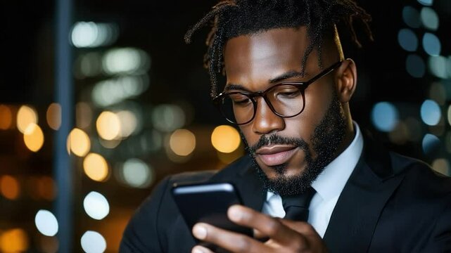 Focused businessman using smartphone at night.