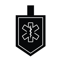 Black and white emergency medical services emblem on a shield shaped badge