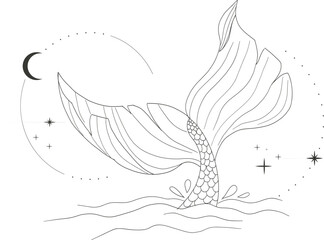 Whale Tale Icon ocean animal, mammal tail line sketch. Vintage simple silhouette with waves. Minimalistic simple tattoo drawing. . Vector illustration
