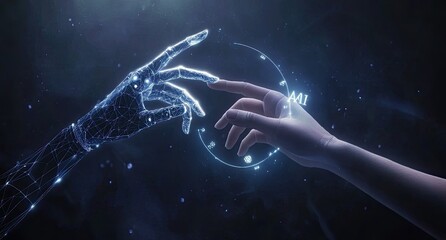 Two hands, one human, one robotic, reaching towards each other in a futuristic space, illuminated by ethereal light.  Connection of human and artificial intelligence