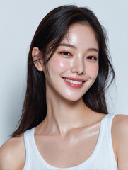 Korean Woman with Long Hair in White Outfit Beauty Portrait, Minimal Beauty Shoot of Asian Model with Long Hair in White, 20s Korean Female Beauty Stock Photo, AI Beauty Model in White Clothing, Simpl