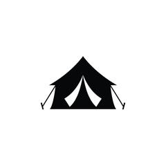 Simple black and white camping tent icon isolated on a plain white background