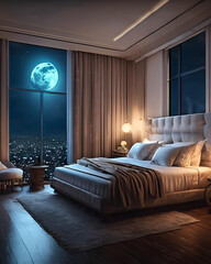 opulent bedroom, moonlit night, royal style bedroom, deluxe interior, moon over bed, dreamy atmosphere, regal furnishings, luxury linens, artistic bedroom, heritage decor, ethnic patterns, designer be