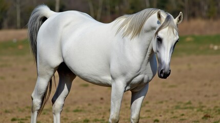 Fototapeta premium A white Arabian horse standing in a field