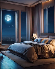 regency bedroom, glamorous bedroom, luxurious bedroom, ornate bedroom, ethnic style bedroom, moonlit bedroom, moon through window, elegant bed, carved furniture, royal bedroom, exotic bedroom, vintage