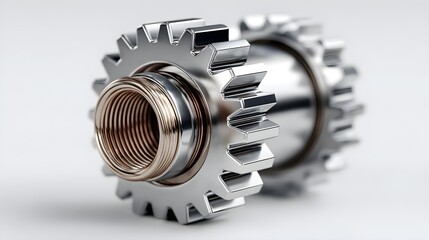 3D gear or settings icon, metallic surface with soft highlights, centered on white background, high detail render, used in UI configuration panels