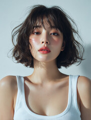 Korean Woman with Bob Haircut in White Outfit Beauty Portrait, Minimal Beauty Shoot of Asian Model with Bob Haircut in White, 20s Korean Female Beauty Stock Photo, AI Beauty Model in White Clothing, S