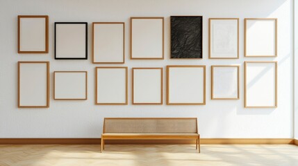 Fototapeta premium Gallery wall with wooden frames and a bench