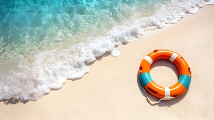 Obraz premium Colorful Lifebuoy on Sandy Shore Beside Clear Turquoise Water