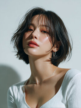 Korean Woman with Bob Haircut in White Outfit Beauty Portrait, Minimal Beauty Shoot of Asian Model with Bob Haircut in White, 20s Korean Female Beauty Stock Photo, AI Beauty Model in White Clothing, S