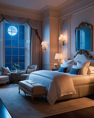 regency bedroom, glamorous bedroom, luxurious bedroom, ornate bedroom, ethnic style bedroom, moonlit bedroom, moon through window, elegant bed, carved furniture, royal bedroom, exotic bedroom, vintage