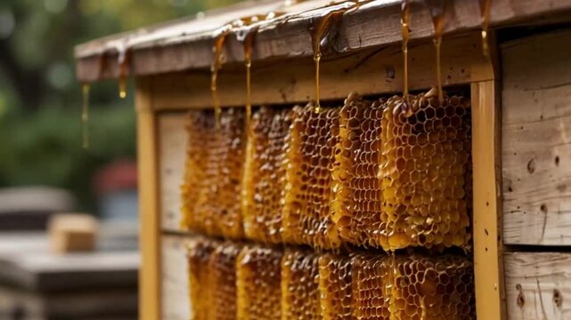 Honey Bee House in local market place video. Ai generated.