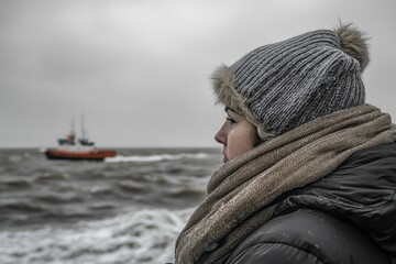 Fototapeta premium A woman bundled in winter wear gazes pensively at a tugboat on a stormy sea.