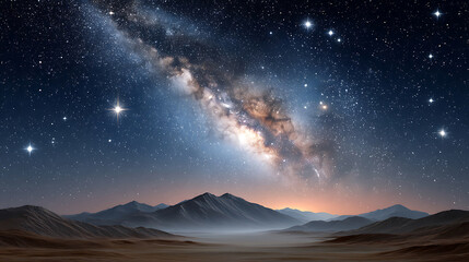 Milky Way galaxy shining brightly over misty mountain landscape at night with clear starry sky and glowing horizon
