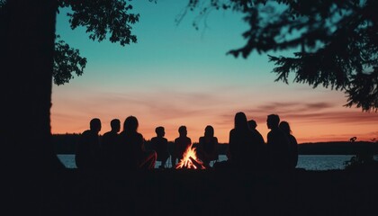 Fototapeta premium Silhouette group campfire lake sunset