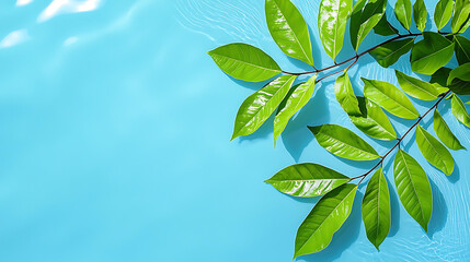 Obraz premium Green leaves branch floating on clear blue water surface with sunlight reflection creating fresh and peaceful summer vibe