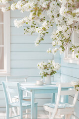 White Shiplap Porch with Light Blue French Table and Blossoms in Morning Light