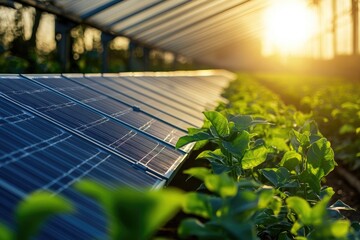 Fototapeta premium Solar panels installed in a greenhouse, supporting sustainable agriculture