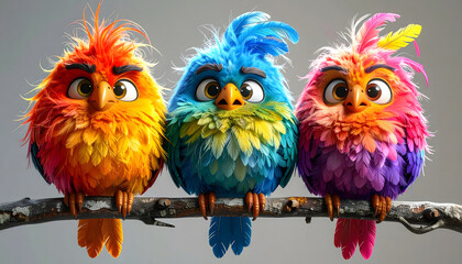 Fluffy Cartoon Birds with Colorful Feathers on a Branch