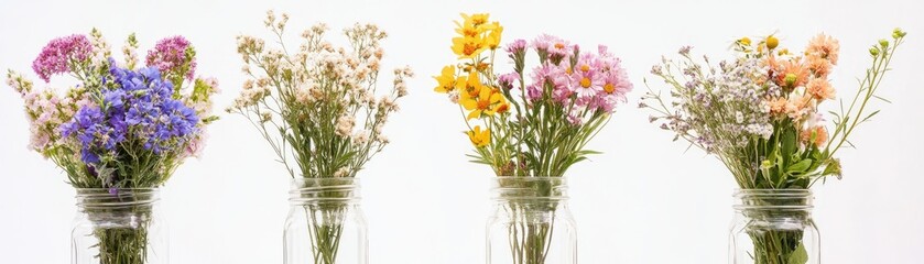 Fototapeta premium Four Colorful Flower Arrangements in Glass Jars
